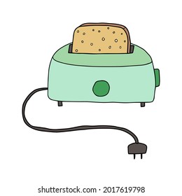 Cute retro doodle toaster with peace of bread instead. Kitchen concept, breakfast.