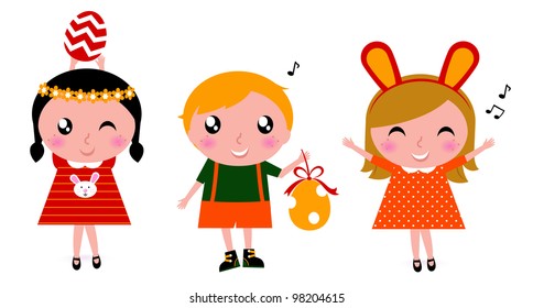 Cute retro easter kids with eggs isolated on white