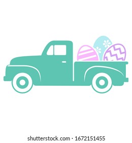 Cute Retro Easter Truck with Eggs on White