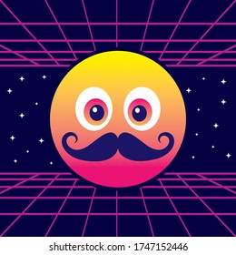 Cute retro emoticon, hipster emoji with mustache - vintage 80s - vector illustration