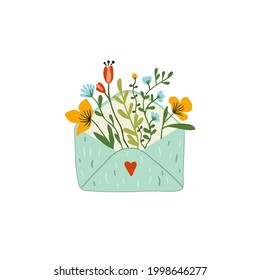 Cute retro envelope with letter and flowers. Vector image of an envelope. Postcrossing. Icon, sticker, sticker pack element. Postcard in an envelope. Wall stickers.