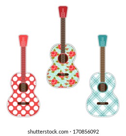 Cute retro fabric guitars with shabby roses as applique, country festival decoration, for scrap booking, concert invitations