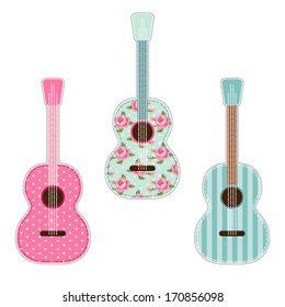 Cute retro fabric guitars with shabby roses as applique, country festival decoration, for scrap booking, concert invitations