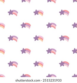 Cute retro falling stars with rainbows seamless vector pattern. Scandi design. Vintage hand drawn background for kids room decor, apparel, gift, fabric, textile, wrapping paper, wallpaper, packaging. 