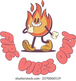 Cute Retro Fire Character with Positive Groovy Vibes Text - Funky 70s Inspired Art