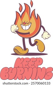 Cute Retro Fire Character with Positive Groovy Vibes Text - Funky 70s Inspired Art