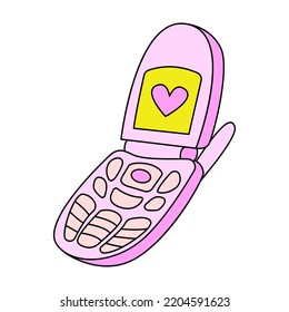 Cute retro flip phone in retrowave aesthetic. Vector nostalgic illustration in y2k, 00s, 90s concept on isolated background