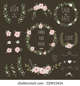 Cute retro floral bouquets and wreath. Vintage floral set. Save the date wedding design collection. Perfect for save the date, baby shower, mothers day, valentines day, birthday cards, invitations.