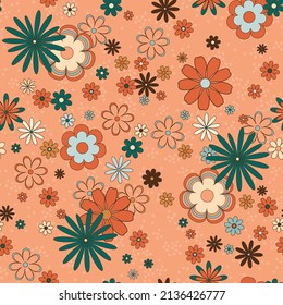 Cute Retro Floral Seamless Vector Pattern in Mid Century Modern Style. Flowers of 60s, 70s. Warm Peach, Orange and Green Colors