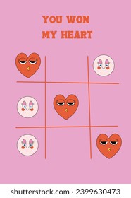 Ilustración diurna con motivos florales de Cute Retro. Obra de arte con Tic Tac Toe Game With Hearts Y "You Won My Heart" Textos sobre fondo rosado perfectos para tarjetas de felicitación, afiches, publicaciones en medios sociales. 