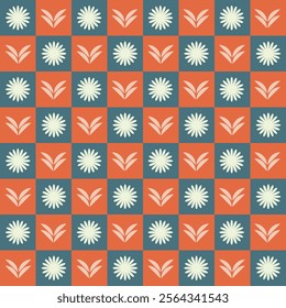 Cute retro flower element in teal and terracotta with checkered gingham pattern editable stroke cartoon illustration for fabric, scarf, tablecloth, napkin, towel, wrapping paper, picnic plaid texture
