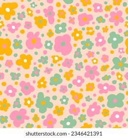 Cute retro flower seamless repeat pattern. Random placed, vector calico botany blooms all over surface print on beige background.