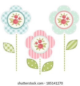 Cute Retro Flowers As Fabric Applique In Shabby Chic Style