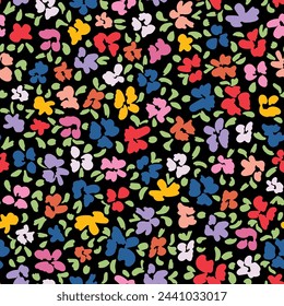 Cute retro flowers with leaves seamless repeat pattern on black background. Random placed, vector botany aop, all over surface print.