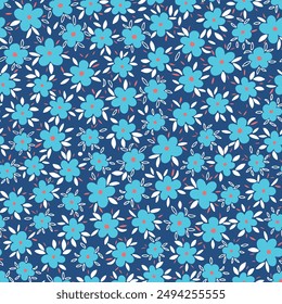 Cute retro flowers with leaves seamless repeat pattern. Random placed, vector botany aop all over surface print on blue background.