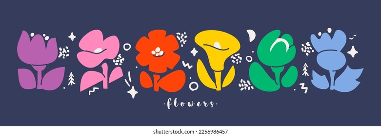 Cute retro flowers. Naive style vector illustration of abstract floral design. Multicolored blossoming plants for minimalists poster or simple greeting card