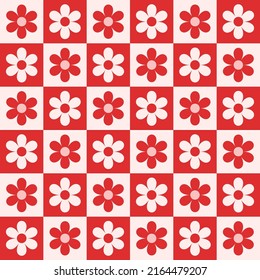 Cute retro flowers on red and off white checkerboard seamless pattern. For wallpaper, textile and wrapping paper 