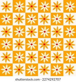 Flores retro sin fisuras en tableros de ajedrez naranja y blanco. Para estacionario, papel de embalaje y decoración doméstica