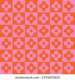 Cute retro flowers seamless pattern on pink and orange checkerboards. For textile , home décor and stationary