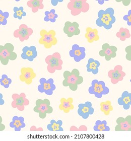 Cute retro flowers seamless repeat pattern. Random placed, irregular vector ditsy daisy millefleurs all over surface print in 70s style.