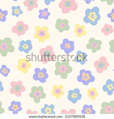 Cute retro flowers seamless repeat pattern. Random placed, irregular vector ditsy daisy millefleurs all over surface print in 70s style.