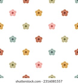 Cute retro flowers seamless vector pattern. Scandi floral design. Vintage hand drawn background for kids room decor, nursery art, gift, fabric, textile, wrapping paper, wallpaper, packaging, apparel.