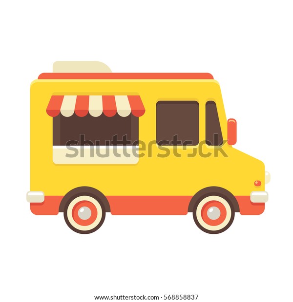 Cute retro food truck\
illustration in flat cartoon vector style. Little yellow fast food\
restaurant van.