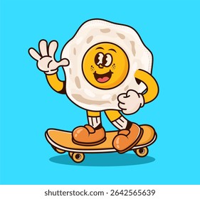 Cute retro fried egg cartoon character in a cheerful and playful style. Hand drawn food mascot perfect for breakfast theme design, sticker, poster, and logo. vector illustration