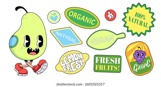 Cute retro fruit sticker set with quirky characters - happy pear and excited grapes. Bright vintage labels and badges - natural, organic, vegan and fresh, signs. Playful colorful flat vector tags.