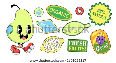 Cute retro fruit sticker set with quirky characters - happy pear and excited grapes. Bright vintage labels and badges - natural, organic, vegan and fresh, signs. Playful colorful flat vector tags.