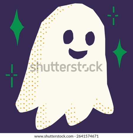 Cute retro ghost character with halftone shadows and off white body. Perfect for Halloween illustrations and playful spooky themes. Ideal for greeting cards, stickers, and party decor.