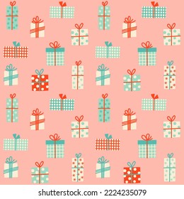 Cute retro gift boxes on pastel pink background. Pastel Christmas or birthday party celebration seamless pattern. Gifting season parcels design.