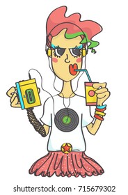 Cute retro girl in eighties outfit style with portable cassette player listening to music, colorful vector cartoon isolated on white background