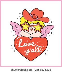 Cute Retro Groovy Cowboy Cupid Western Valentine Howdy Love yall Hand Drawn Bold Design