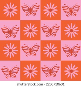 Cute Retro groovy flowers and butterflies seamless pattern on pink and orange Checkerboards. For textile, fabric and stationary