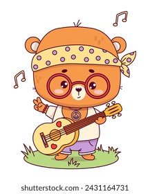 Cute retro groovy hippy bear boy with guitar. Funny animal kawaii character. Cool vector illustration in trendy 70s style