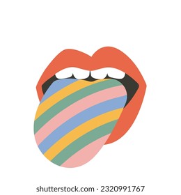 Cute retro groovy lips and rainbow. Vintage hand-drawn vector illustration. Nostalgic 70s-90s vibes. Perfect for fashion patches, badges