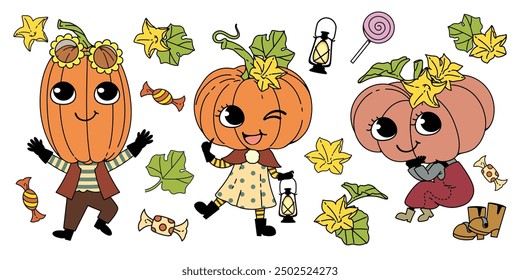 Cute retro groovy pumpkin cartoon, It's a that looks groovy and funky. Retro 70s 60s cartoon character. Colorful contour vector illustration, design and fashion prints.