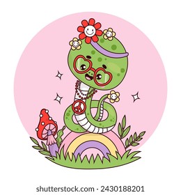 Cute retro groovy snake girl hippy character. Comic reptile animal kawaii on rainbow. Cool vector illustration in trendy 70s style