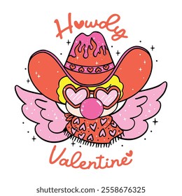 Cute Retro Groovy Western Cupid Cowboy Valentine Hand Drawn Bold Lined Girly T Shirt and Card Design
