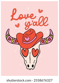 Cute Retro Groovy Western Valentine Cowboy Skull Bull Love yall Hand Drawn Bold Design