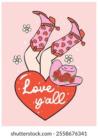 Cute Retro Groovy Western Valentine Cowboy boots and hat Howdy Love yall Hand Drawn Bold Design