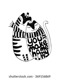 Cute retro hand drawn Valentine's Day card. Funny couple cats with lettering.  Romantic hand lettering quote You make me happy. Vector illustration and typography elements.