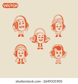 Cute Retro Headphones Characters Vector Illustration Set