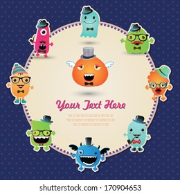 Cute Retro Hipster Monsters Banner. Vector Illustration