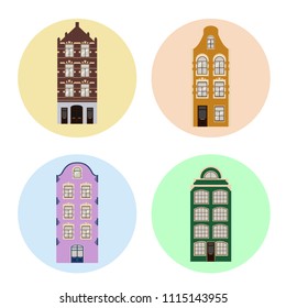Cute retro houses exterior set. Collection of European building facades. Belgian and Netherland style vector icons