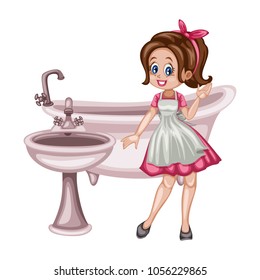 Cute Retro Housewife with Clean Sink and Bathtub. Vector Illustration of a Beautiful Woman on a White Background