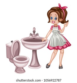 Cute Retro Housewife with Clean Sink and Toilet. Vector Illustration of a Beautiful Woman on a White Background