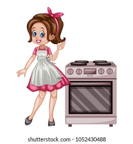 Cute Retro Housewife with Oven. Vector Illustration of a Beautiful Woman on a White Background