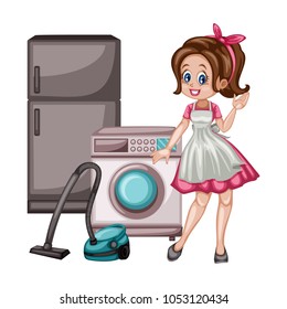 Cute Retro Housewife with Vacuum Cleaner, Washing Machine and Refrigerator. Vector Illustration of a Beautiful Woman on a White Background